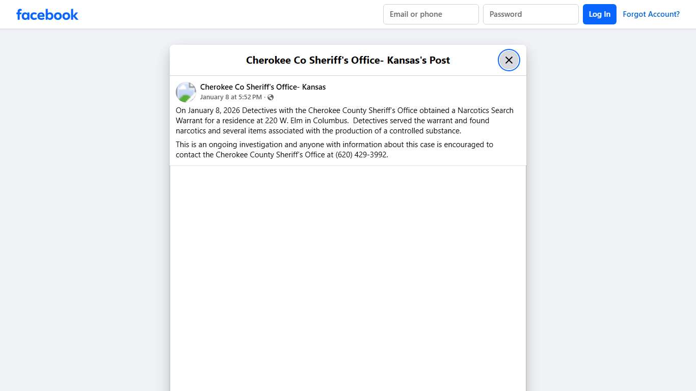 On January 8, 2026... - Cherokee Co Sheriff's Office- Kansas Facebook